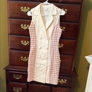 Elegant Cream and Pink Tweed Dress